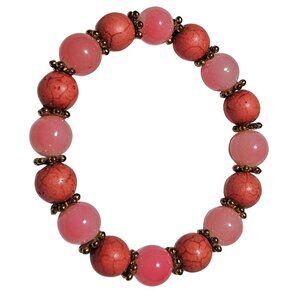 Retro 50s 60s Beaded Stretch Bracelet Pink Red Beads Gold Accents Jewelry Women